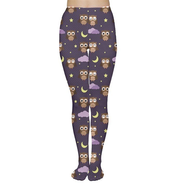 Blue Owls At Night with Stars Clouds and Moon Pattern Women s Tights