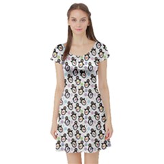 Black Pattern With Cartoon Penguins Short Sleeve Skater Dress by CoolDesigns