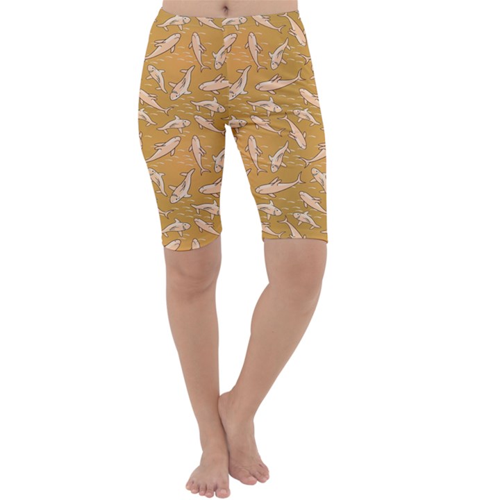 Yellow with Stylized Sharks Stylish Design Cropped Leggings