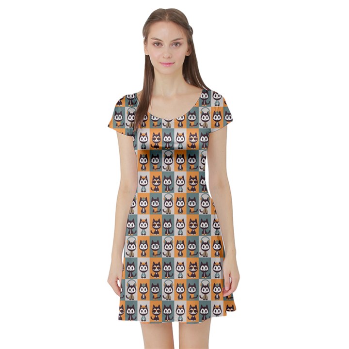 Colorful Pattern with Kittens in Fashionable Clothes Short Sleeve Skater Dress