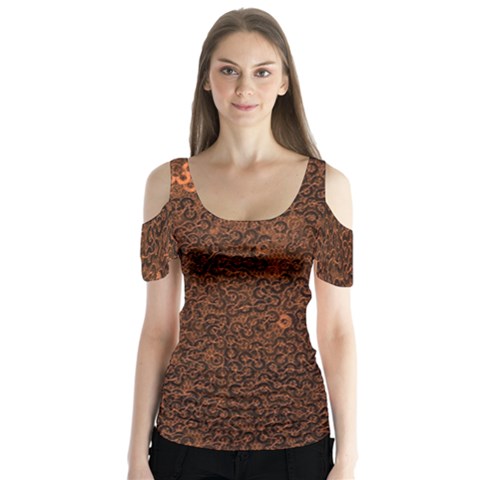 Brown Sequins Background Butterfly Sleeve Cutout Tee  by Simbadda