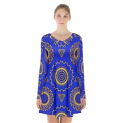 Abstract Mandala Seamless Pattern Long Sleeve Velvet V-neck Dress