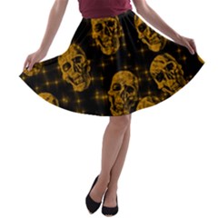 Sparkling Glitter Skulls Golden A-line Skater Skirt by ImpressiveMoments