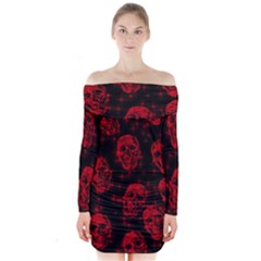 Sparkling Glitter Skulls Red Long Sleeve Off Shoulder Dress by ImpressiveMoments