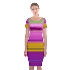 Stripes Colorful Background Colorful Pink Red Purple Green Yellow Striped Wallpaper Classic Short Sleeve Midi Dress by Simbadda