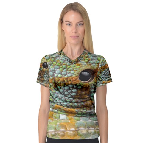 Macro Of The Eye Of A Chameleon Women s V-neck Sport Mesh Tee by Simbadda