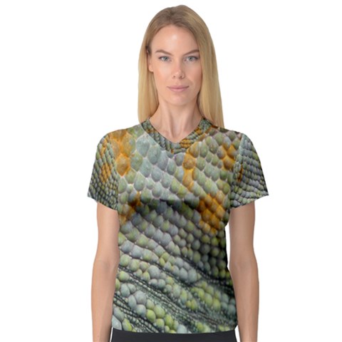 Macro Of Chameleon Skin Texture Background Women s V-neck Sport Mesh Tee by Simbadda