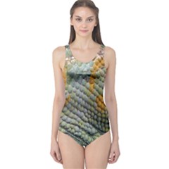 Macro Of Chameleon Skin Texture Background One Piece Swimsuit by Simbadda