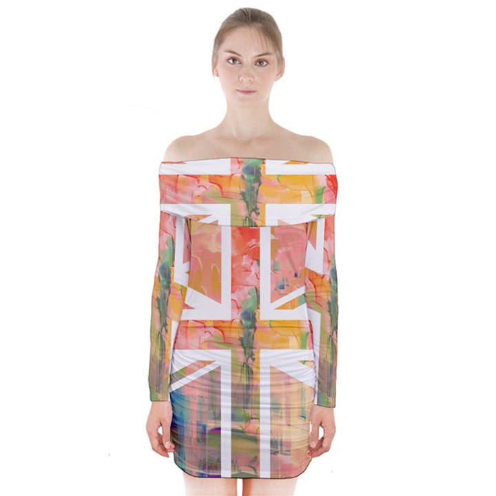 Union Jack Abstract Watercolour Painting Long Sleeve Off Shoulder Dress