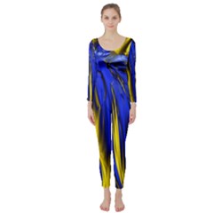 Blue And Gold Fractal Lava Long Sleeve Catsuit by Simbadda