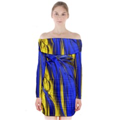 Blue And Gold Fractal Lava Long Sleeve Off Shoulder Dress by Simbadda