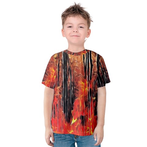 Forest Fire Fractal Background Kids  Cotton Tee by Simbadda