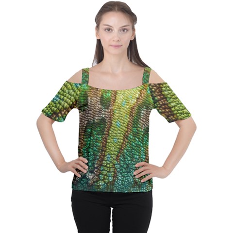 Colorful Chameleon Skin Texture Women s Cutout Shoulder Tee by Simbadda