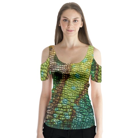 Colorful Chameleon Skin Texture Butterfly Sleeve Cutout Tee  by Simbadda