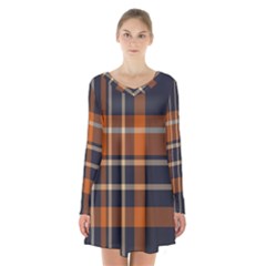 Tartan Background Fabric Design Pattern Long Sleeve Velvet V-neck Dress