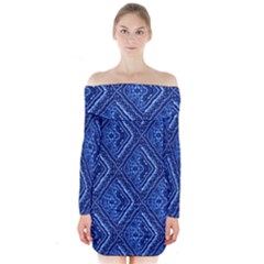 Blue Fractal Background Long Sleeve Off Shoulder Dress by Simbadda