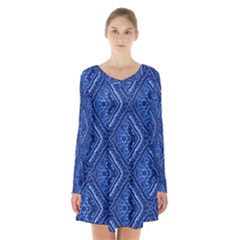 Blue Fractal Background Long Sleeve Velvet V-neck Dress