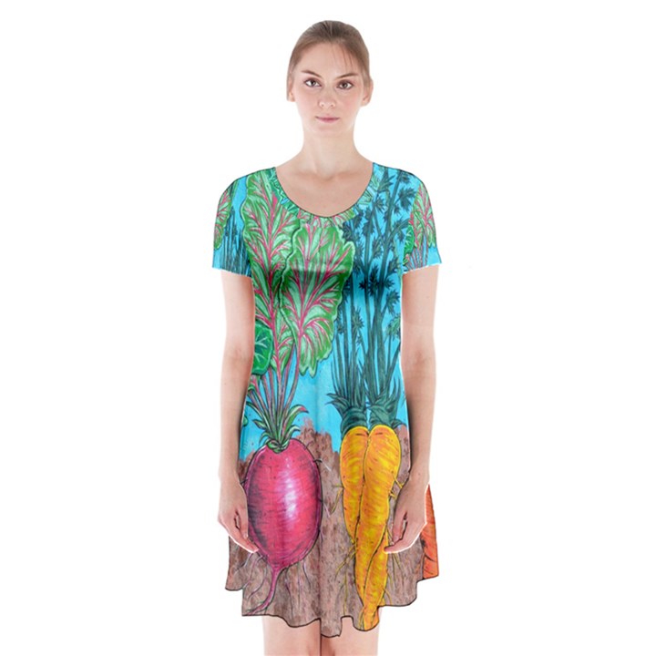 Mural Displaying Array Of Garden Vegetables Short Sleeve V-neck Flare Dress