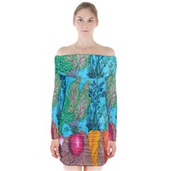 Mural Displaying Array Of Garden Vegetables Long Sleeve Off Shoulder Dress by Simbadda