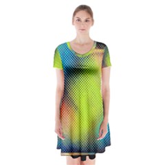 Punctulated Colorful Ground Noise Nervous Sorcery Sight Screen Pattern Short Sleeve V-neck Flare Dress by Simbadda