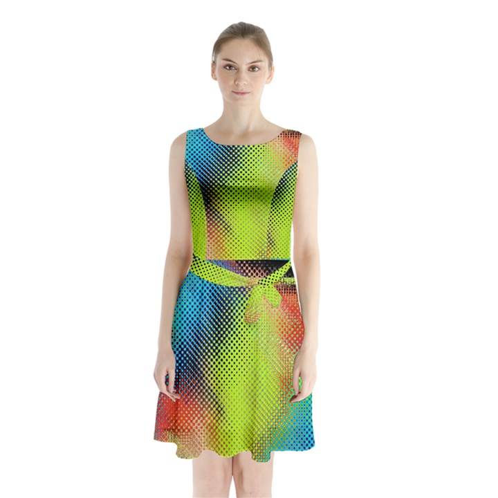 Punctulated Colorful Ground Noise Nervous Sorcery Sight Screen Pattern Sleeveless Chiffon Waist Tie Dress