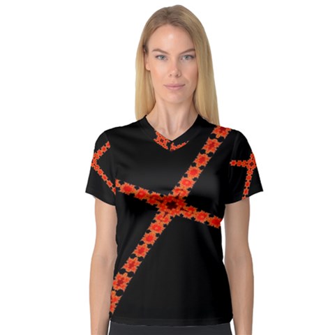 Red Fractal Cross Digital Computer Graphic Women s V-neck Sport Mesh Tee by Simbadda