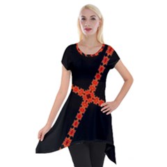 Red Fractal Cross Digital Computer Graphic Short Sleeve Side Drop Tunic by Simbadda