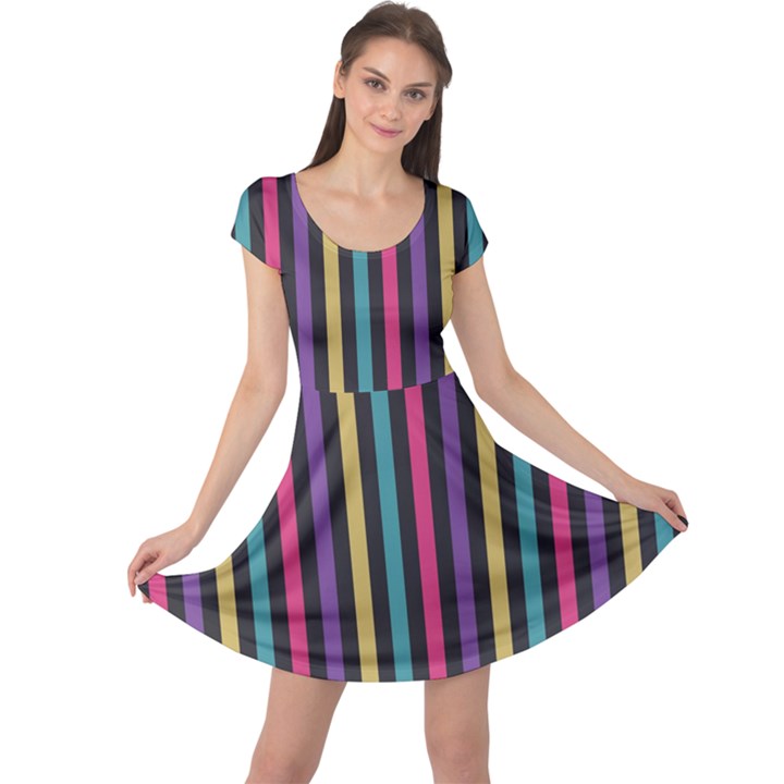 Stripes Colorful Multi Colored Bright Stripes Wallpaper Background Pattern Cap Sleeve Dresses