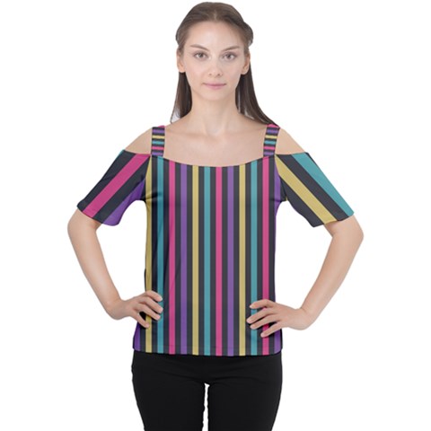 Stripes Colorful Multi Colored Bright Stripes Wallpaper Background Pattern Women s Cutout Shoulder Tee by Simbadda