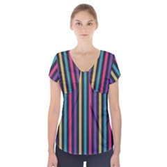 Stripes Colorful Multi Colored Bright Stripes Wallpaper Background Pattern Short Sleeve Front Detail Top by Simbadda