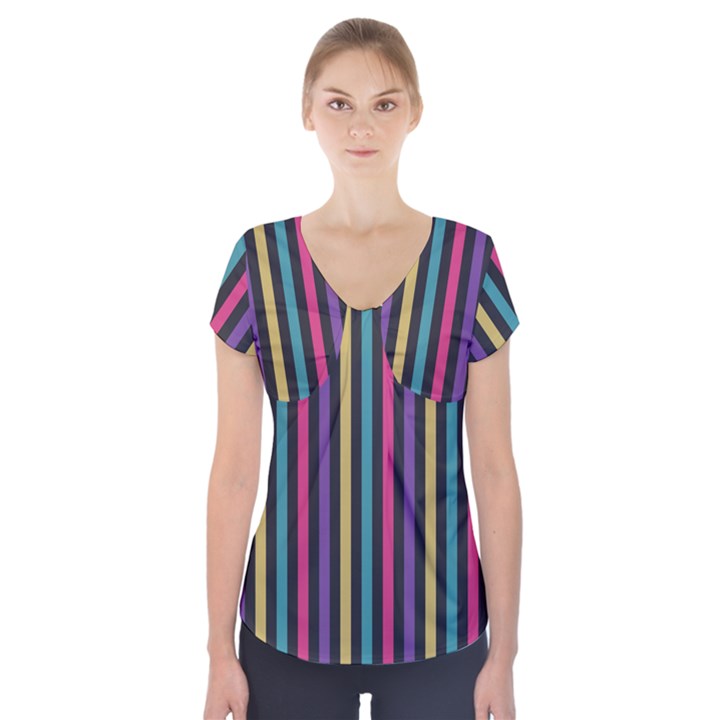 Stripes Colorful Multi Colored Bright Stripes Wallpaper Background Pattern Short Sleeve Front Detail Top