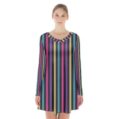 Stripes Colorful Multi Colored Bright Stripes Wallpaper Background Pattern Long Sleeve Velvet V-neck Dress by Simbadda