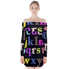 Alphabet Letters Colorful Polka Dots Letters In Lower Case Long Sleeve Off Shoulder Dress by Simbadda