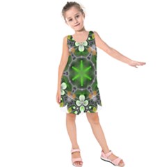 Green Flower In Kaleidoscope Kids  Sleeveless Dress by Simbadda