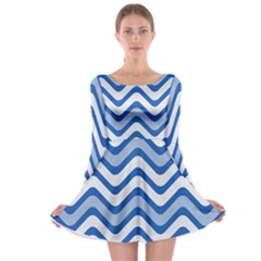 Background Of Blue Wavy Lines Long Sleeve Skater Dress by Simbadda