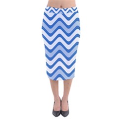 Background Of Blue Wavy Lines Velvet Midi Pencil Skirt by Simbadda