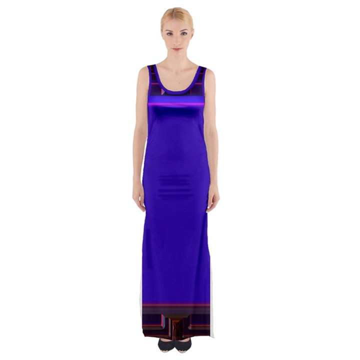 Blue Fractal Square Button Maxi Thigh Split Dress