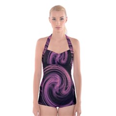 A Pink Purple Swirl Fractal And Flame Style Boyleg Halter Swimsuit  by Simbadda