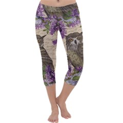 Vintage Owl And Lilac Capri Yoga Leggings by Valentinaart