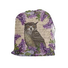 Vintage Owl And Lilac Drawstring Pouches (extra Large) by Valentinaart