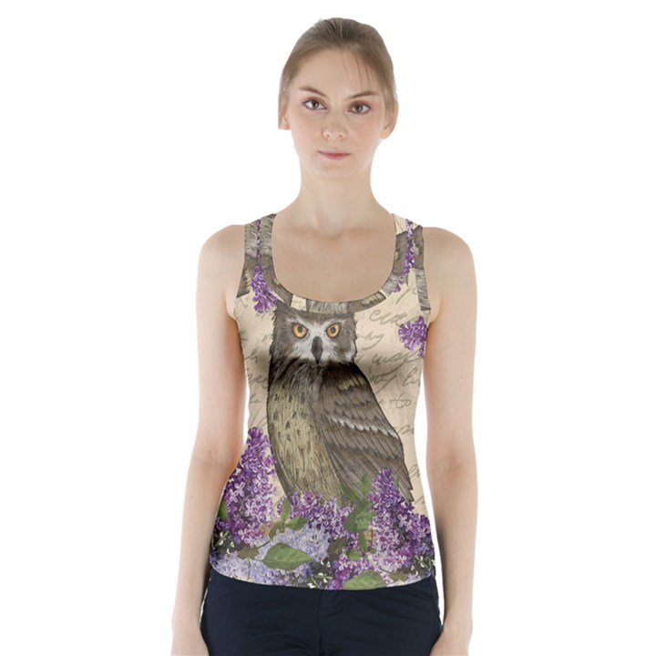 Vintage owl and lilac Racer Back Sports Top