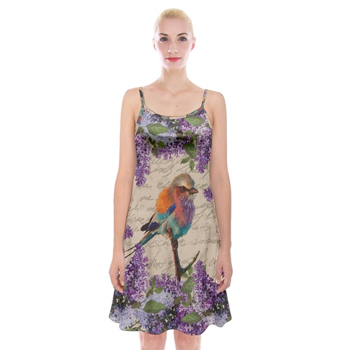 Vintage bird and lilac Spaghetti Strap Velvet Dress