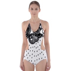 Batik Rain Black Flower Spot Cut-out One Piece Swimsuit by Mariart