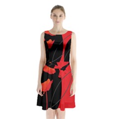 Flower Floral Red Black Sakura Line Sleeveless Chiffon Waist Tie Dress by Mariart