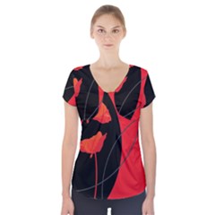 Flower Floral Red Black Sakura Line Short Sleeve Front Detail Top by Mariart