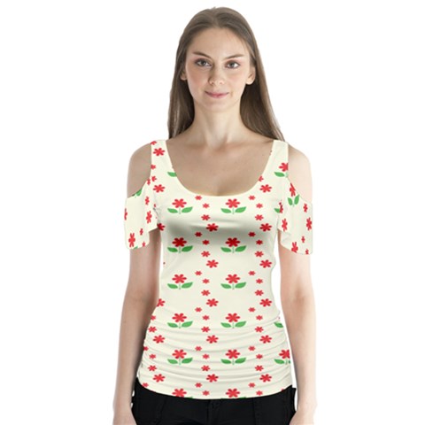 Flower Floral Sunflower Rose Star Red Green Butterfly Sleeve Cutout Tee  by Mariart