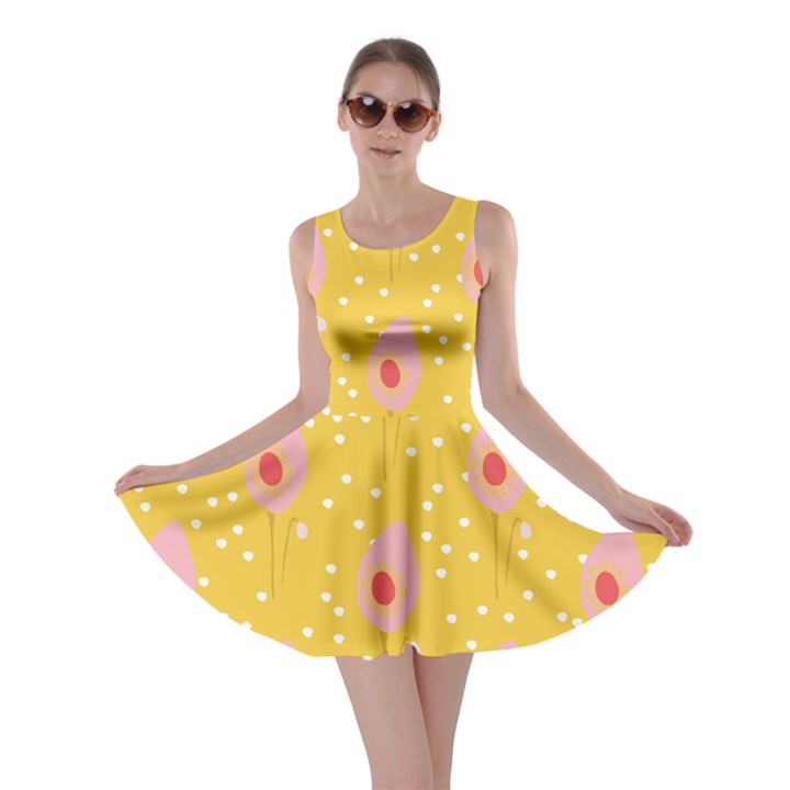 Flower Floral Tulip Leaf Pink Yellow Polka Sot Spot Skater Dress