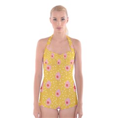 Flower Floral Tulip Leaf Pink Yellow Polka Sot Spot Boyleg Halter Swimsuit  by Mariart