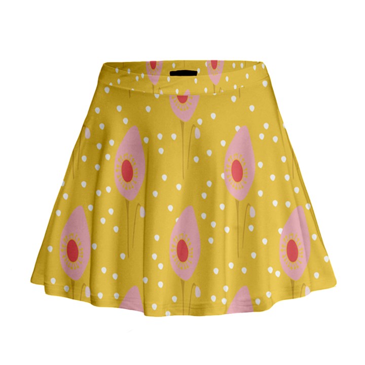 Flower Floral Tulip Leaf Pink Yellow Polka Sot Spot Mini Flare Skirt