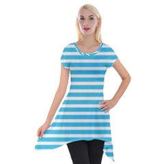 Horizontal Stripes Blue Short Sleeve Side Drop Tunic